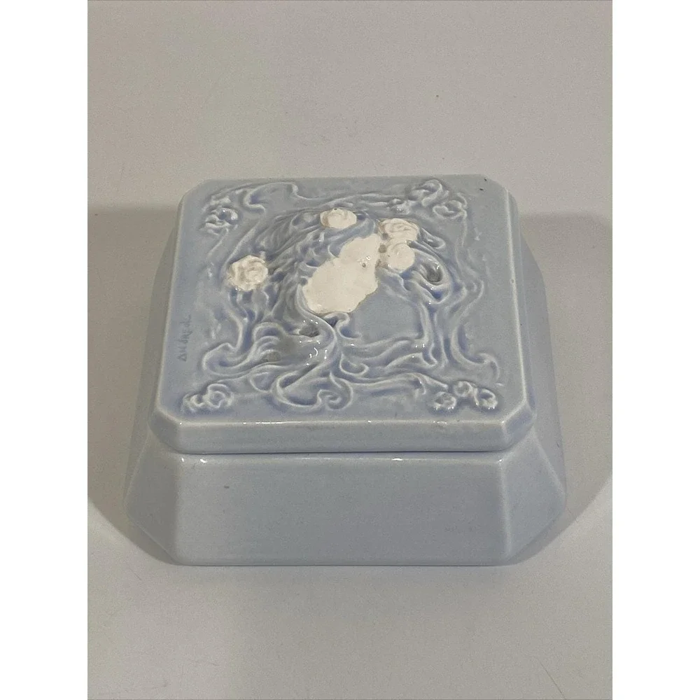 Vintage Pastel Blue Andreoli Art Nouveau Ladies Head Lidded Trinket Dish‎
